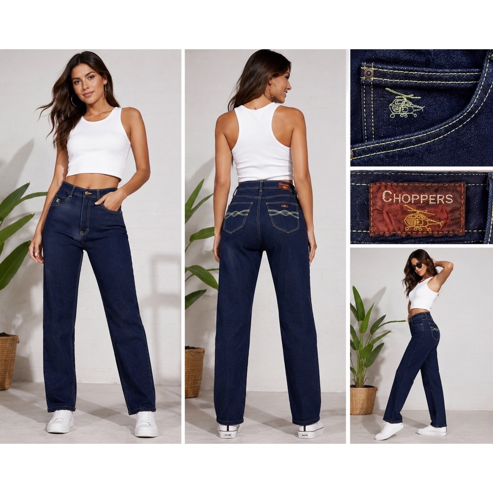 Vintage Choppers High Waisted‎ Straight Leg Jeans Dark Wash Helicopter Logo 32